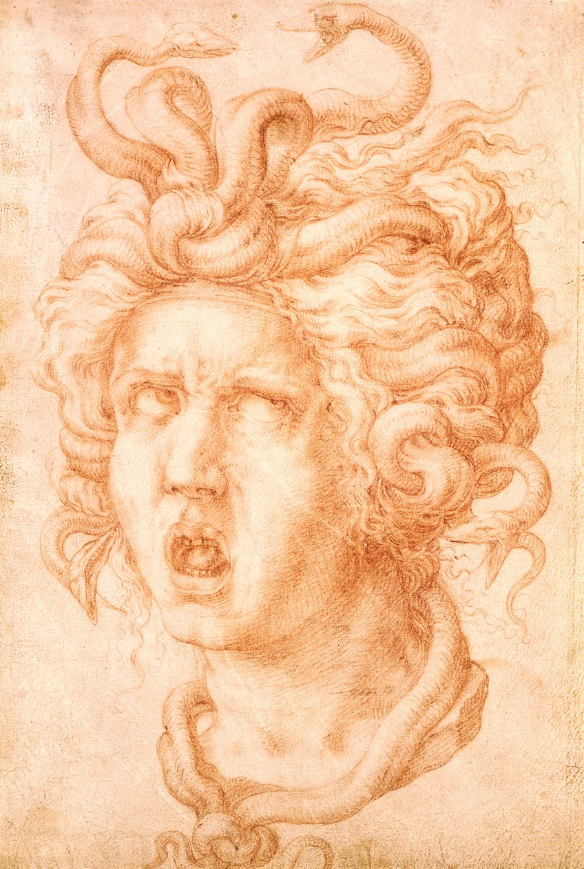 Medúza (piros kréta törtfehér fektetett papíron) alkotó: Francesco de Rossi Salviati Cecchino