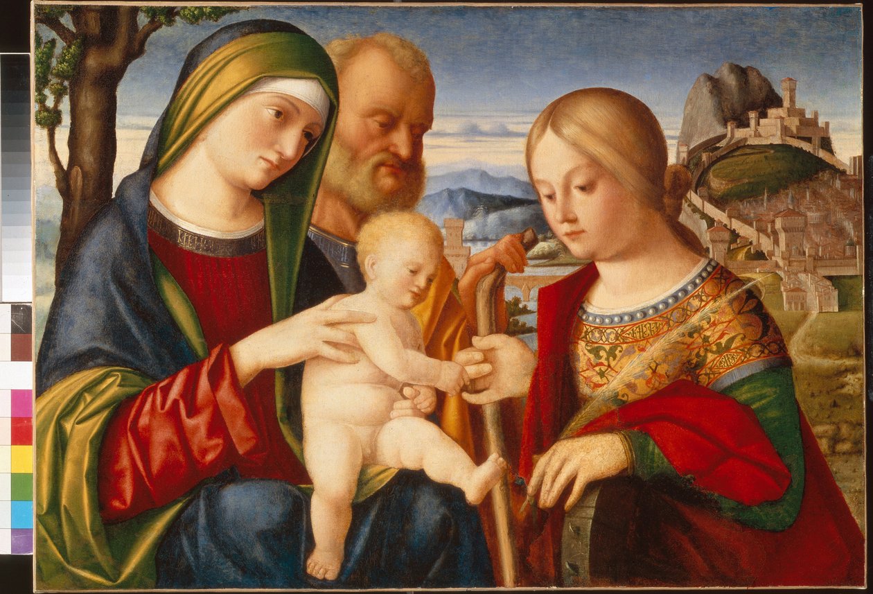 Szent Katalin misztikus házassága - Francesco di Bernardo de Vecchi Santacroce (1505-1545) festménye, olaj, vászon, 47,5x67 cm - Szent Katalin misztikus házassága, Francesco di Bernardo de Vecchi Santacroce olaj, vászon - Állíts egy lökést alkotó: Francesco di Bernardo de Vecchi Santacroce