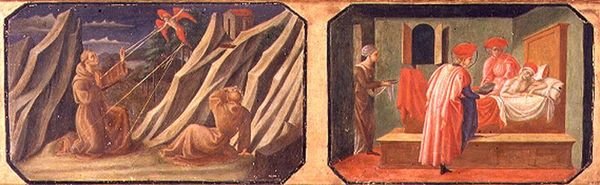 (LtoR) Assisi Szent Ferenc a stigmákat fogadja, SS. Cosmas és Damian egy beteg embert gyógyítanak; a Filippo Lipp által trónolt Madonnának és Gyermeknek predella részét képező eredeti panelek másolatai alkotó: Francesco di Stefano Pesellino