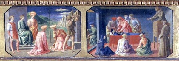 (LtoR) Az SS mártíromsága. Cosmas és Damian, Páduai Szent Antal megtalálja a fösvények szívét; Filippo Lippi (kb. 1406-69) Madonna és gyermek trónoló predellájának két panelje (tempera a serpenyőn alkotó: Francesco di Stefano Pesellino