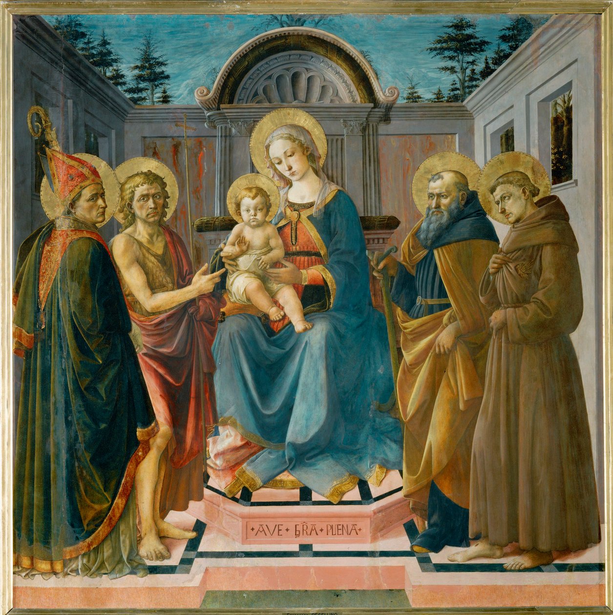 A Szűzanya és a gyermek Szent Zénóbia, Keresztelő Szent János, Abbe Szent Antal és Szent Ferenc között ... alkotó: Francesco di Stefano Pesellino