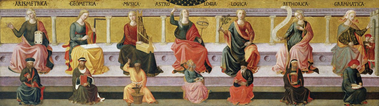 "A hét szabad művészet" (Aritmetika, geometria, zene, asztrológia, logika, retorika és nyelvtan) Francesco di Stefano Pesellino (1422-1457) festménye 1450 körül Birminghami Művészeti Múzeum, Birmingham, Alabama Egyesült Államok ©DeAgostini/Leemage alkotó: Francesco di Stefano Pesellino