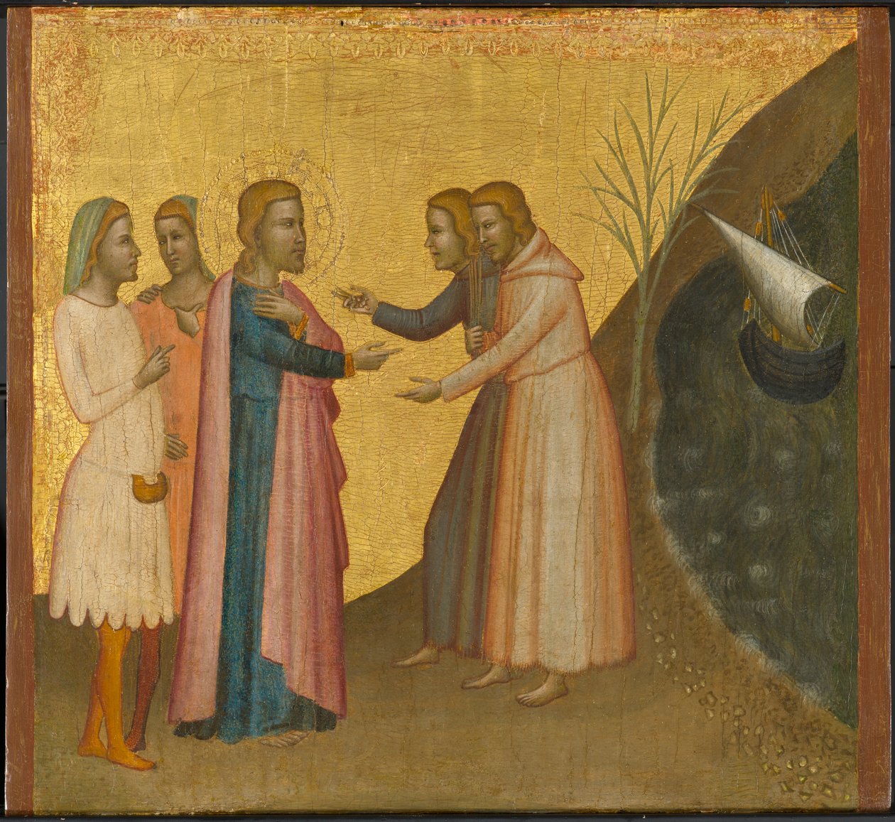 Acteus és Eugenius Szent János evangélistához könyörögnek, hogy állítsa helyre vagyonukat, 1370-1380 körül (tempera és aranylevél a panelen) alkotó: Francescuccio Ghissi