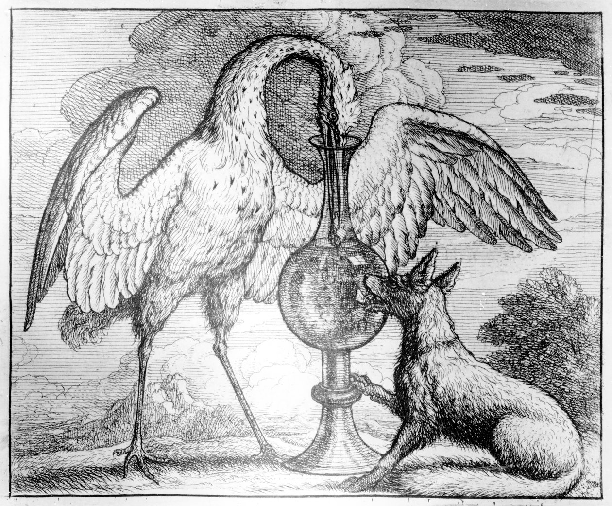 A róka és a gólya, illusztráció az „Aesopus meséihez”, 1666 alkotó: Francis Barlow