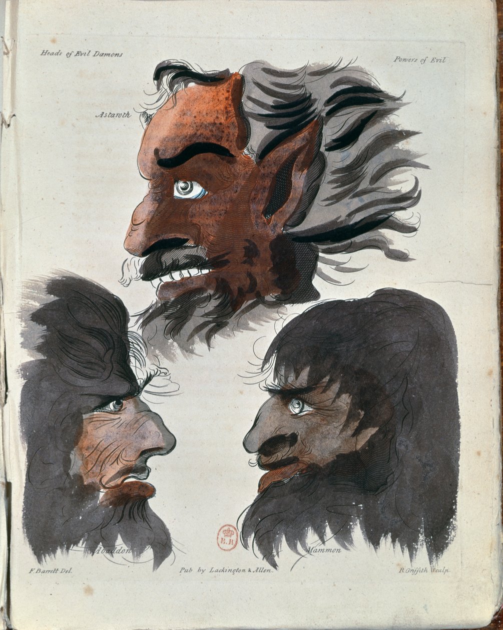 Astaroth, Abaddon és Mammon, három démon a művész „The Magus” című művéből, R. Griffith metszetében, 1801-ben megjelent alkotó: Francis Barrett