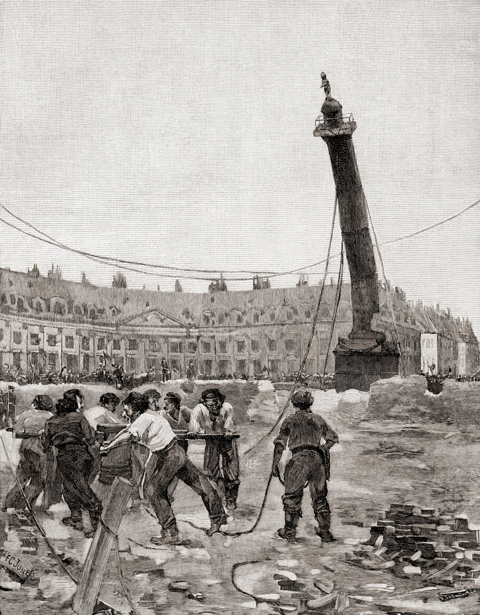 A Vendôme-oszlop lebontása a párizsi kommün idején, Párizs, Franciaország 1871-ben a The Century Illustrated Monthly Magazine-ból, 1884-ben (fametszet) alkotó: Francis Coates Jones