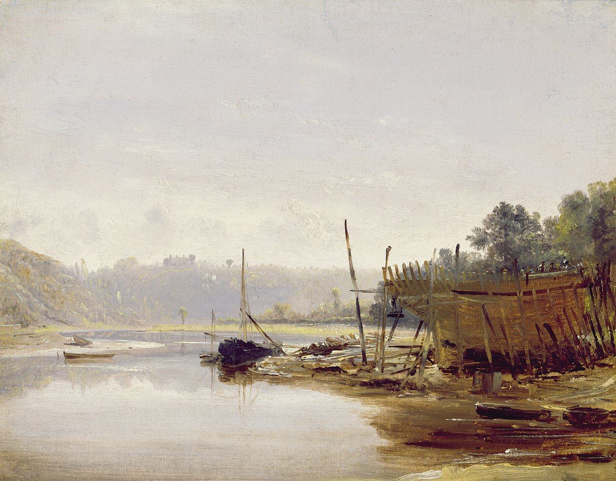 Hajóépület Dinan közelében, Bretagne, 1838 körül (olaj, papír a panelen) alkotó: Francis Danby