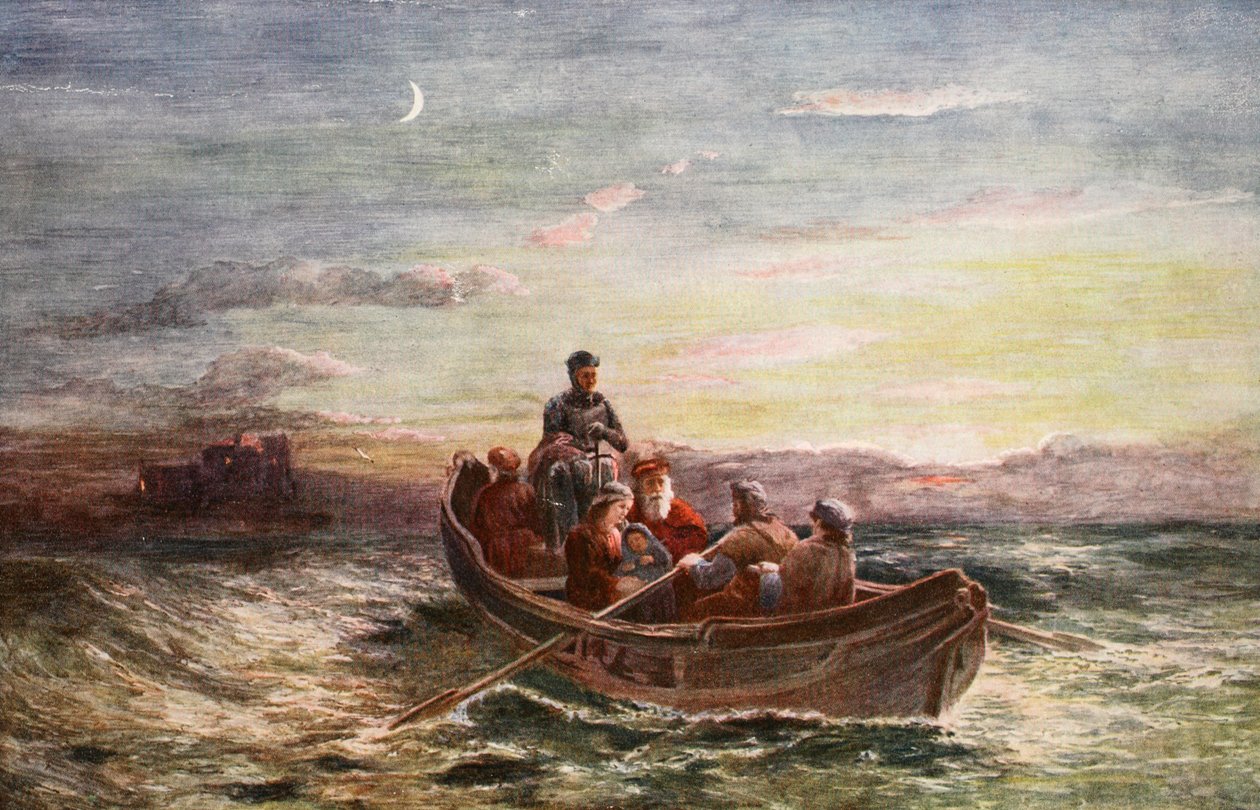 Mary skót királynő szökése a Loch Leven kastélyból, illusztráció a „Hutchinson története a brit nemzetről”, 1923 körül alkotó: Francis Danby