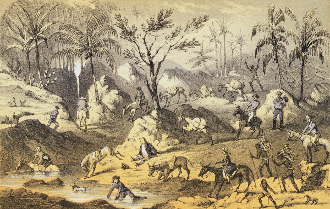Átkelés az Ízlámpán, Frank Marryat "Mountains and Molehills or Recollections of a Burnt Journal" című művéből, J. Brandard metszete, megjelent 1855-ben. alkotó: Francis Samuel Marryat