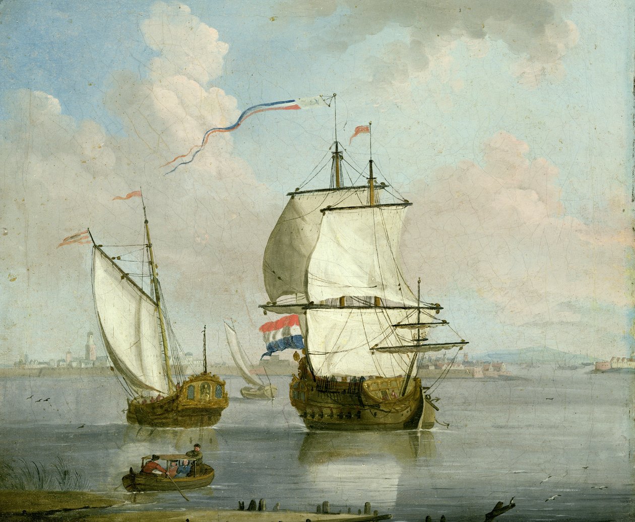 Egy holland kelet-indiai férfi és egy királyi jacht egy torkolatban, egy városon túl alkotó: Francis Swaine