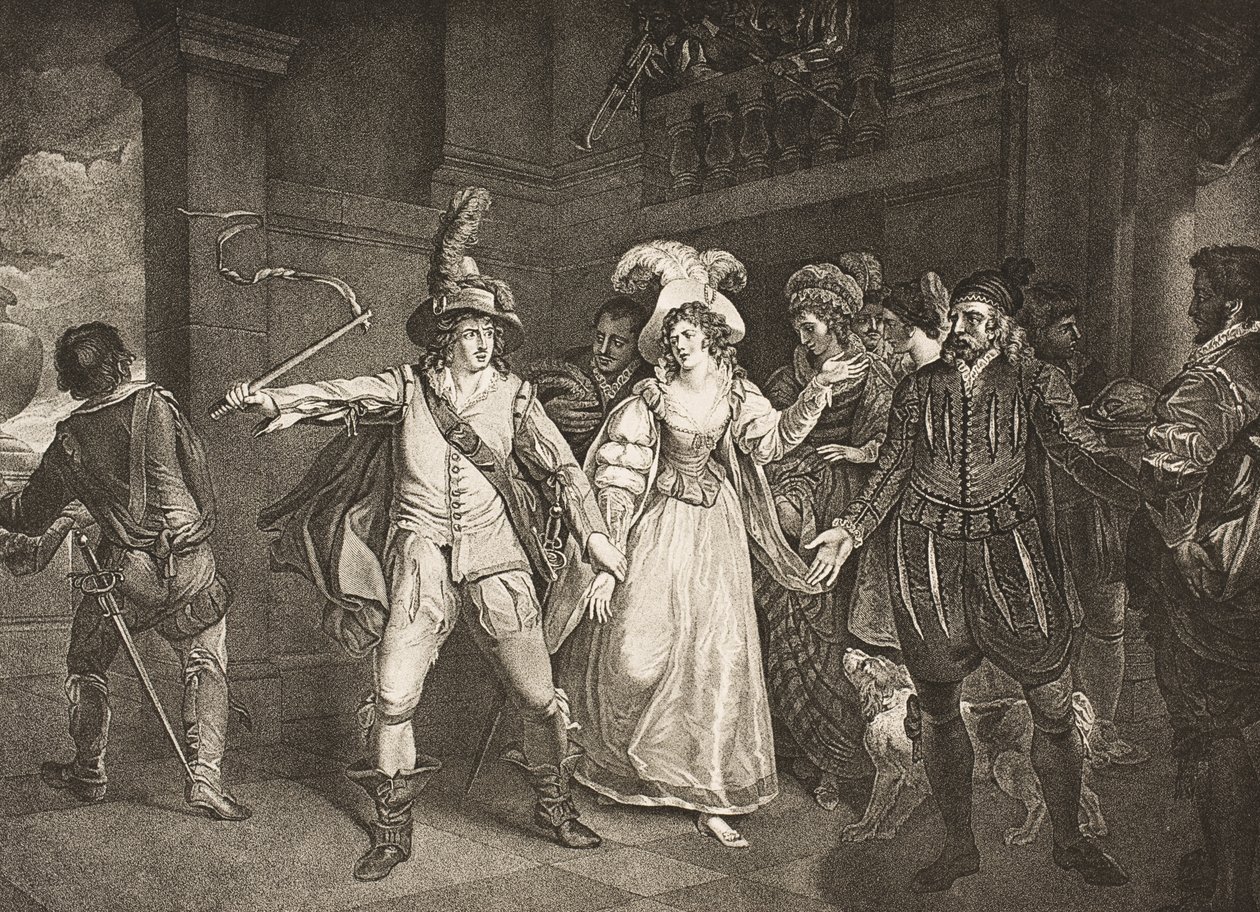 Padova, Baptista háza előtt, III. felvonás, II. jelenet a „The Taming of the Shrrew”-ból, a Boydell Shakespeare Galériából, 19. század végén jelent meg alkotó: Francis Wheatley