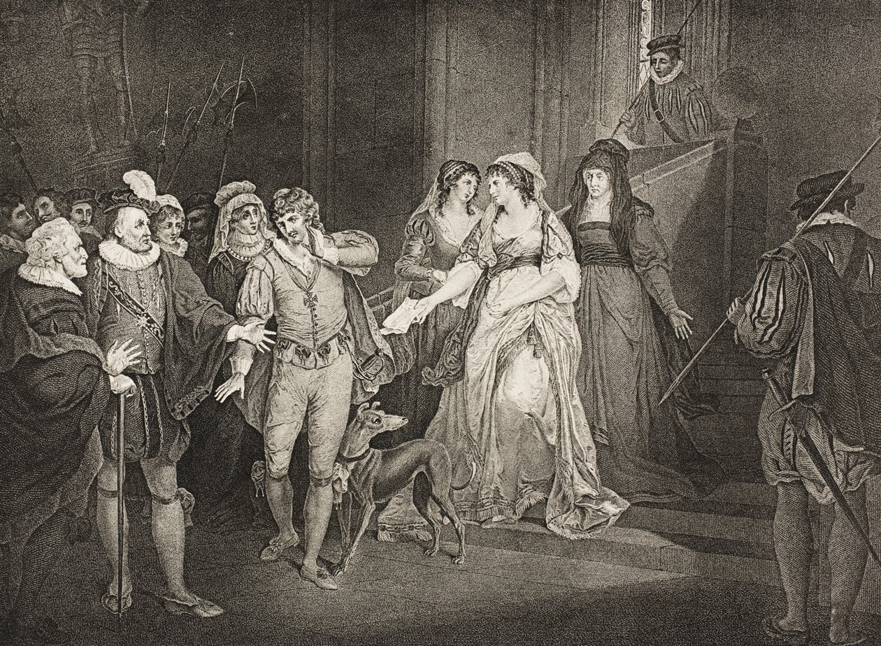 Roussillon, a grófok palotája, V. felvonás, III. jelenet, a „Minden jól végződik”, a Boydell Shakespeare Galériából, a 19. század végén megjelent alkotó: Francis Wheatley