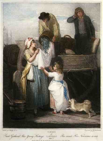 "Frissen gyűjtött borsó, fiatal Hastings", a "The Cries of London" 7. táblája, metszette Giovanni Vendramini (1769-1839), kiadó: Colnaghi & Co. alkotó: Francis (after) Wheatley