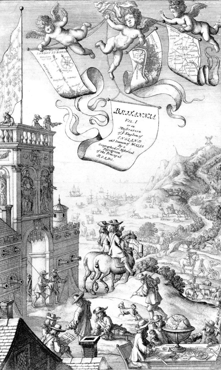 John Ogilby "Britannia" című művének címlapja, Wenceslaus Hollar metszete, 1675. alkotó: Francis Barlow