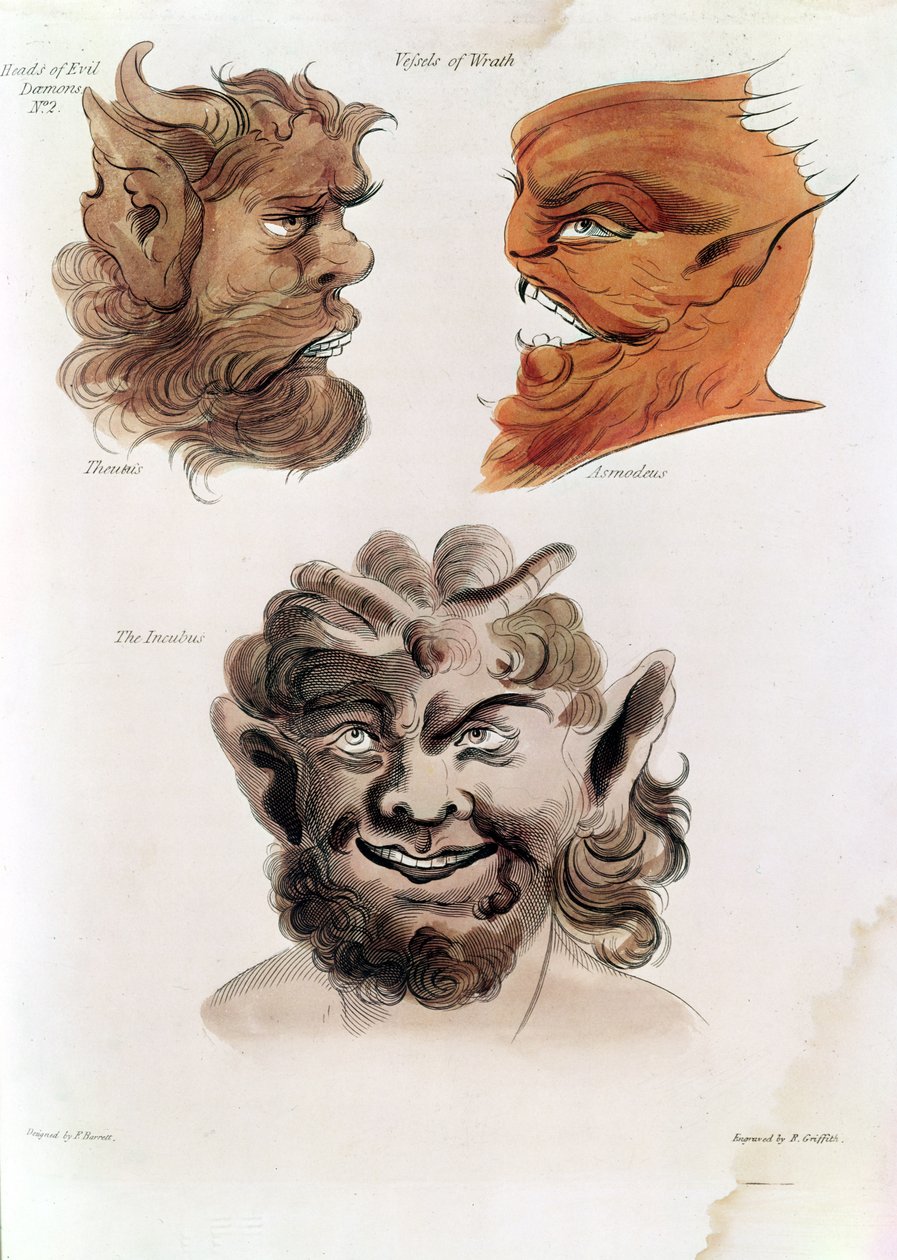 Gonosz démonok fejei: Theumis, Asmodeus és The Incubus, illusztrációk a 