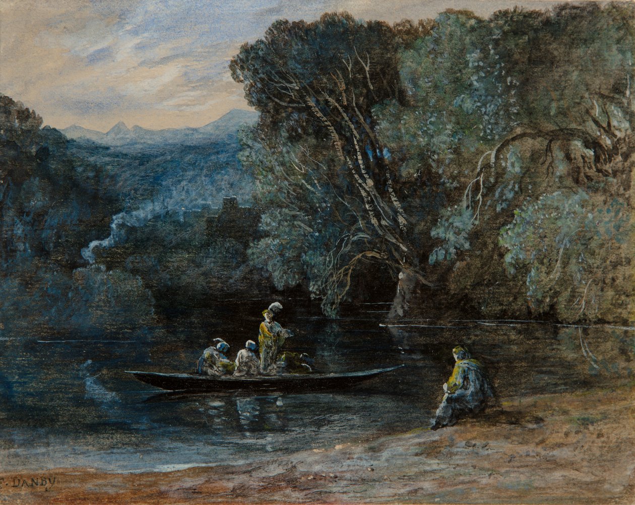Folyói jelenet csónakkal és figurákkal, 1825 körül alkotó: Francis Danby