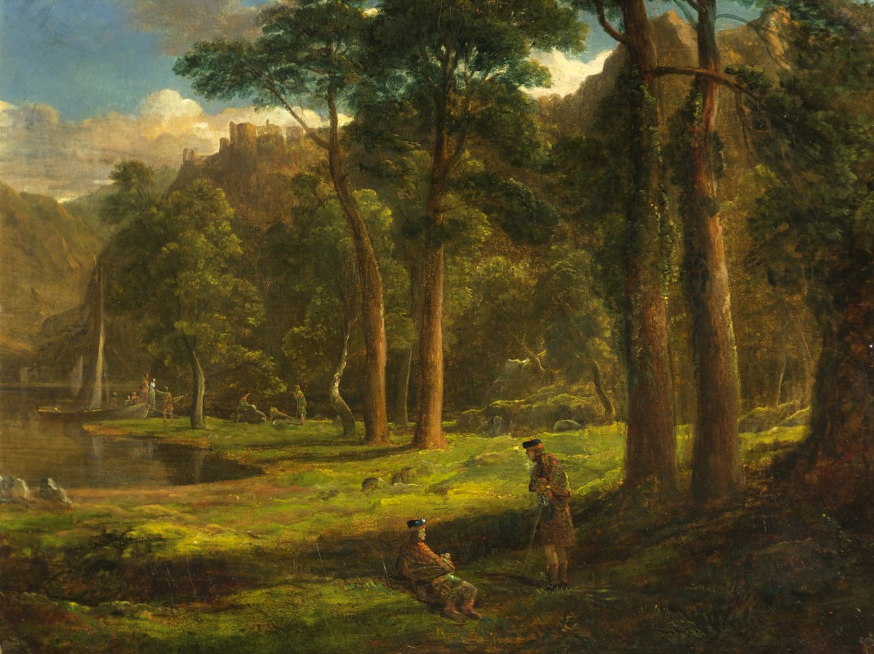 Harcosok pihennek egy hegyi glenben, 1824 körül (olaj, cellulózlemezen) alkotó: Francis Danby