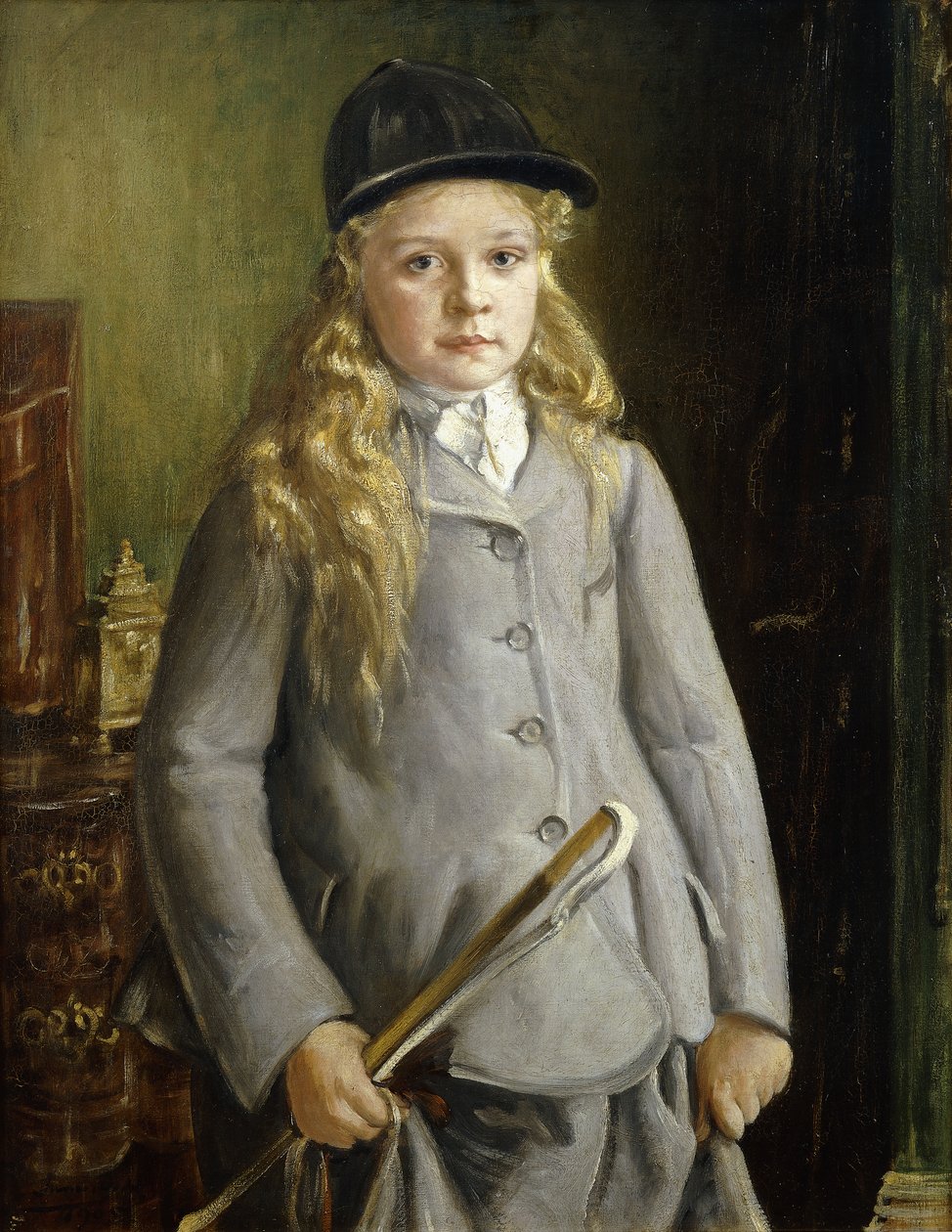 Egy lány portréja, félhosszúságban, lovaglóruhában alkotó: Francis Dodd