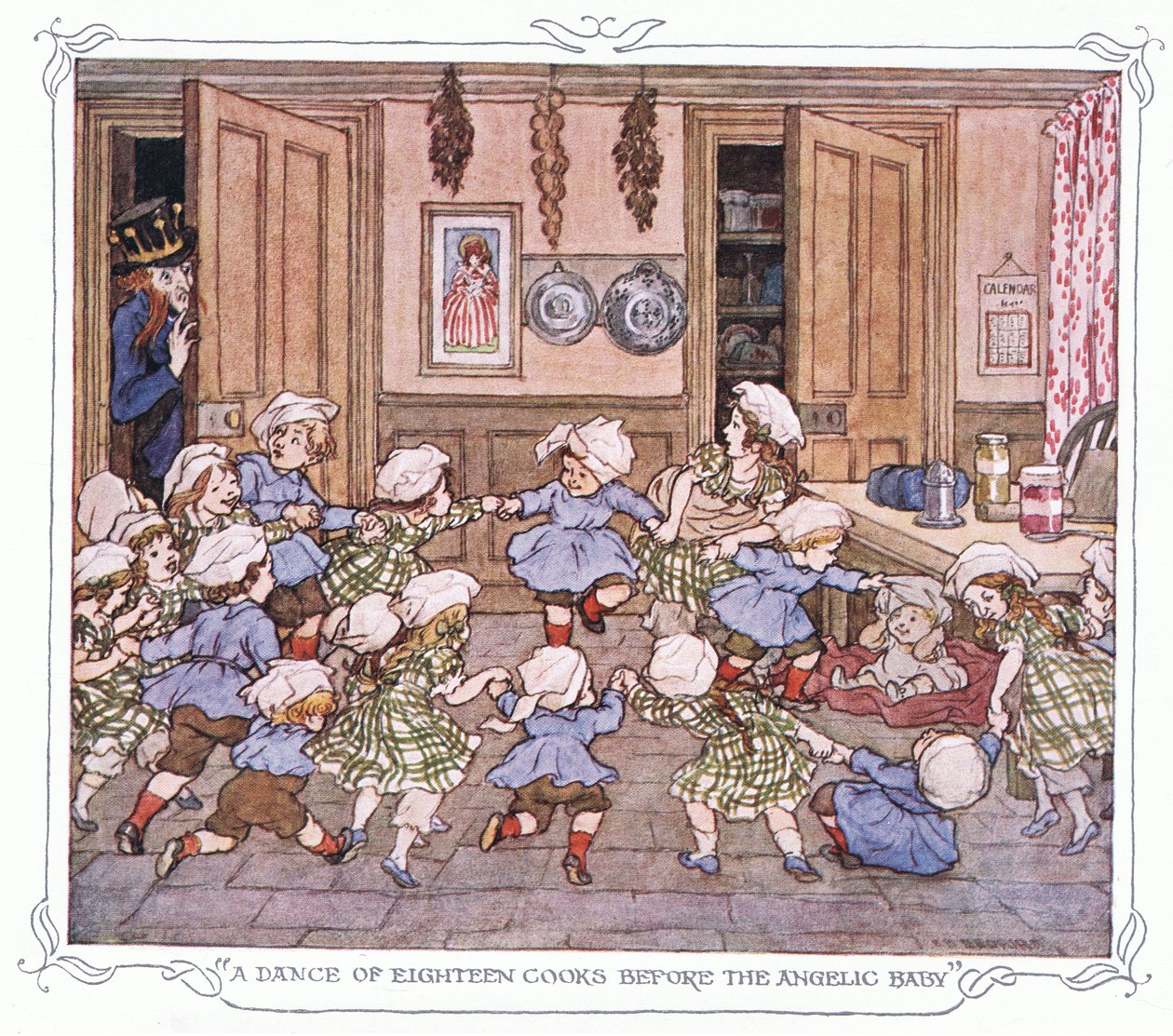 "Tizennyolc szakács tánca az angyalbaba előtt", a The Magic Fishbone című könyvből, Warne  Co, 1940 körül (színes litográfia). alkotó: Francis Donkin Bedford