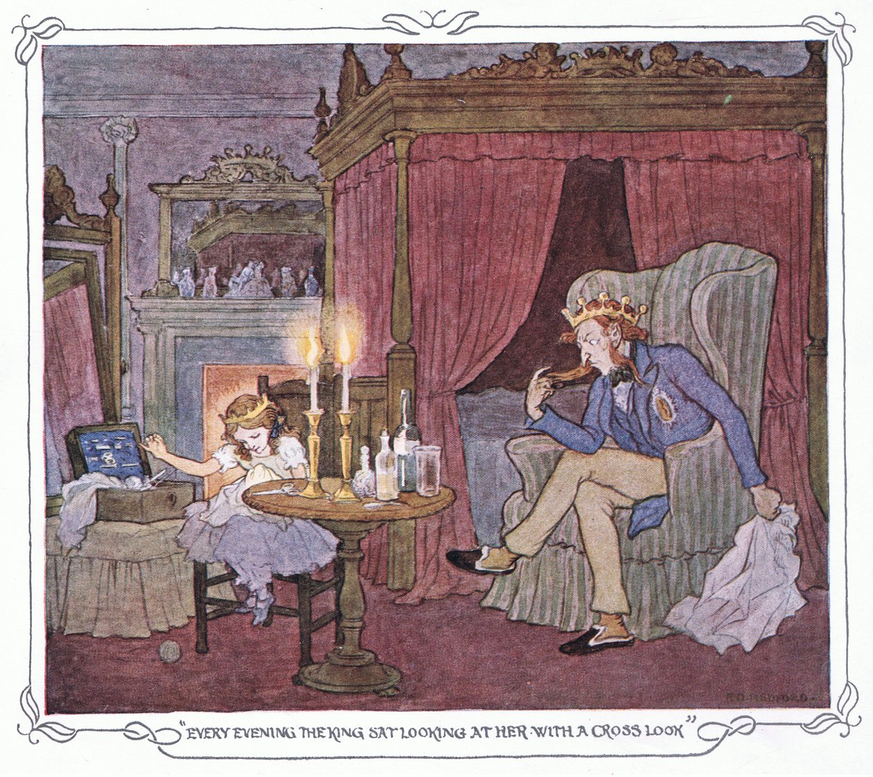 A király minden este keresztbe tett szemmel nézett rá, a The Magic Fishbone pub.by Warne  Co, 1940 körül (színes litográfia). alkotó: Francis Donkin Bedford