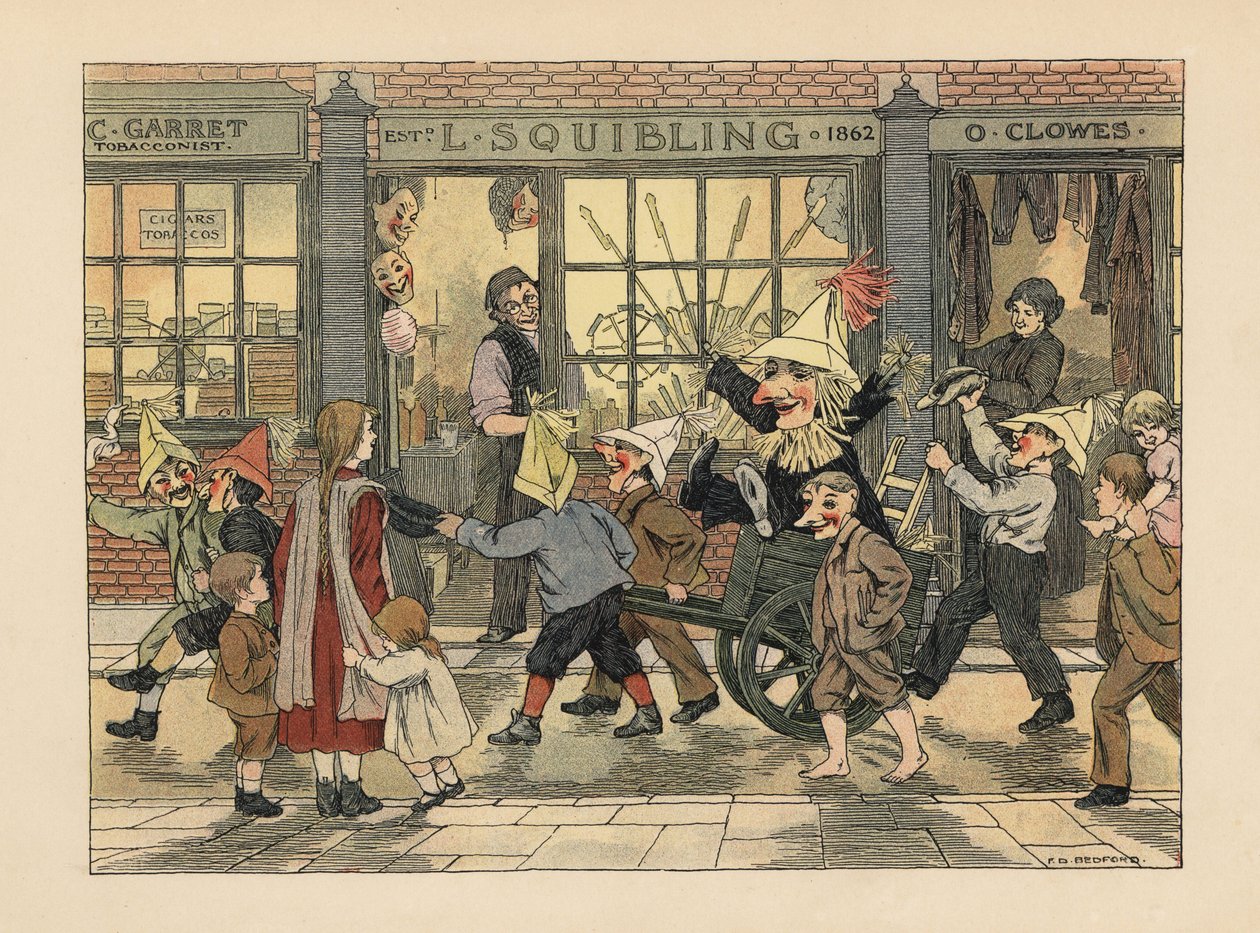 Tűzijátékbolt - Viktoriánus gyerekek húznak egy Guy-t egy szekéren Guy Fawkes éjszakáján L. Squibling tűzijátékboltja előtt. Kromolitográfia Francis Donkin Bedford illusztrációja után Edward Verrall Lucas The Book of Shops című művéből. alkotó: Francis Donkin Bedford