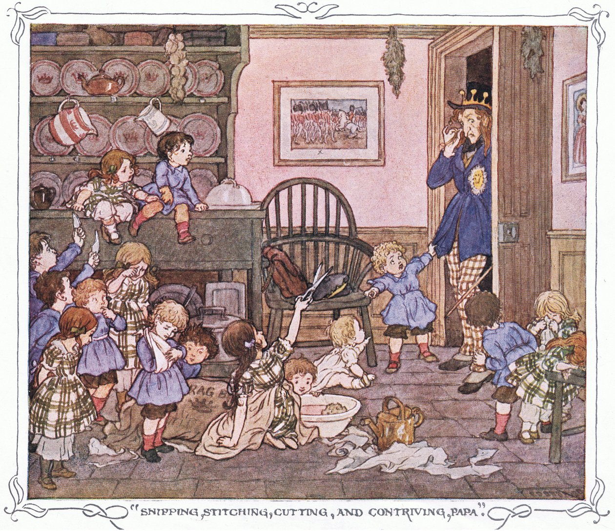"Vágás, öltés, vágás és kitalálás, Papa", a The Magic Fishbone című könyvből, Warne  Co, 1940 körül (színes litográfia). alkotó: Francis Donkin Bedford