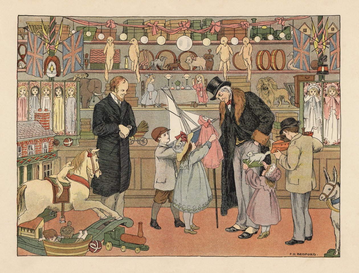 Viktoriánus gyerekek játékokat választanak a nagybátyjukkal egy játékboltban. Kromolitográfia Francis Donkin Bedford illusztrációja után Edward Verrall Lucas The Book of Shops című művéből. alkotó: Francis Donkin Bedford