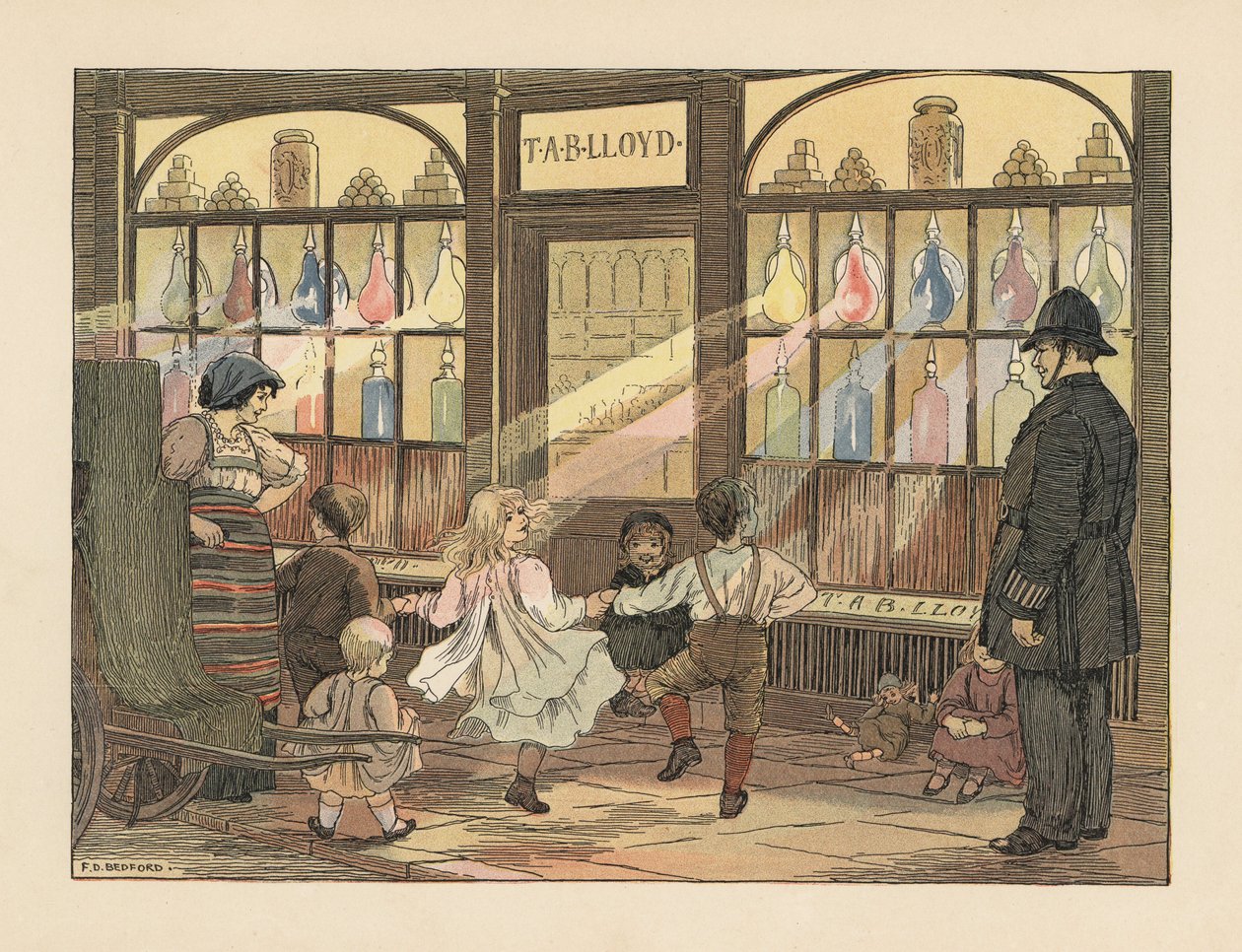 Viktoriánus gyerekek táncolnak egy gyógyszertár előtt, miközben egy rendőr nézi őket. Kromolitográfia Francis Donkin Bedford illusztrációja után Edward Verrall Lucas The Book of Shops című művéből. alkotó: Francis Donkin Bedford