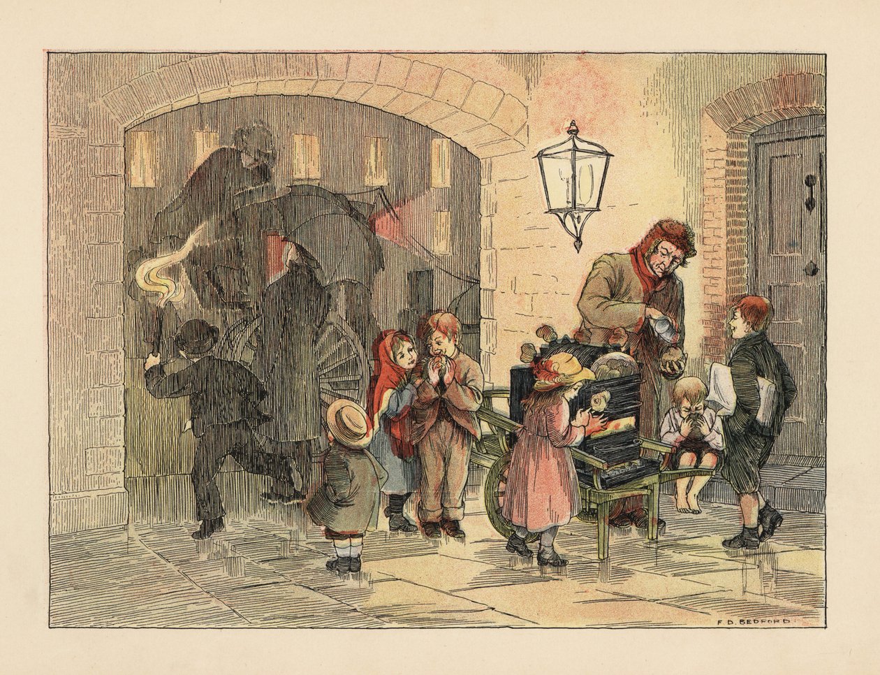 A viktoriánus gyerekek forró krumplit esznek a forró krumpliembertől. A háttérben esernyős emberek szállnak fel egy kocsira az esőben. Kromolitográfia Francis Donkin Bedford illusztrációja után Edward Verrall Lucas The Book of Shops című művéből. alkotó: Francis Donkin Bedford