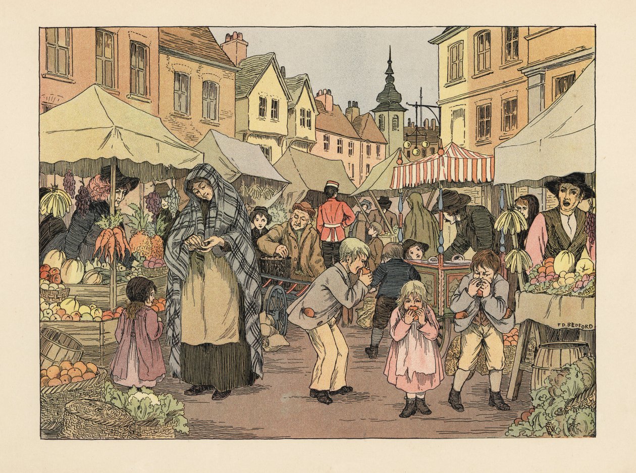 Viktoriánus korabeli gyerekek filléres narancsot esznek a londoni East End-i piac gyümölcs- és zöldségstandjain. Kromolitográfia Francis Donkin Bedford illusztrációja után Edward Verrall Lucas The Book of Shops című művéből. alkotó: Francis Donkin Bedford