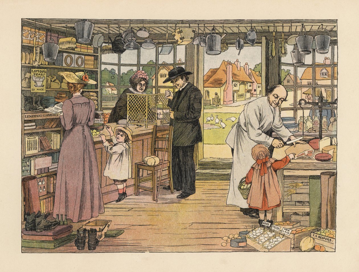 A viktoriánus vásárlók sonkát, könyveket és postai rendeléseket vásároltak a faluházban. Kromolitográfia Francis Donkin Bedford illusztrációja után Edward Verrall Lucas The Book of Shops című művéből. alkotó: Francis Donkin Bedford