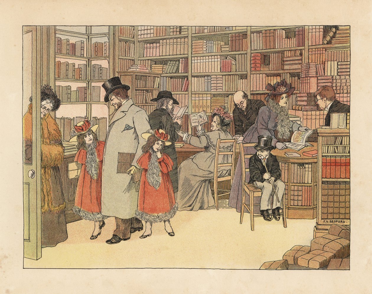 Viktoriánus vásárlók egy könyvesboltban. Kromolitográfia Francis Dorkin Bedford illusztrációja után Edward Verrall Lucas The Book of Shops című művéből, Grant Richards, London. alkotó: Francis Donkin Bedford
