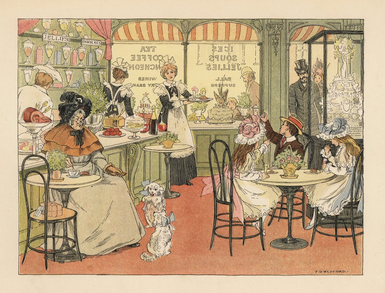 Viktoriánus vásárlók egy teázóban és cukrászdában. Kromolitográfia Francis Donkin Bedford illusztrációja után Edward Verrall Lucas The Book of Shops című művéből. alkotó: Francis Donkin Bedford