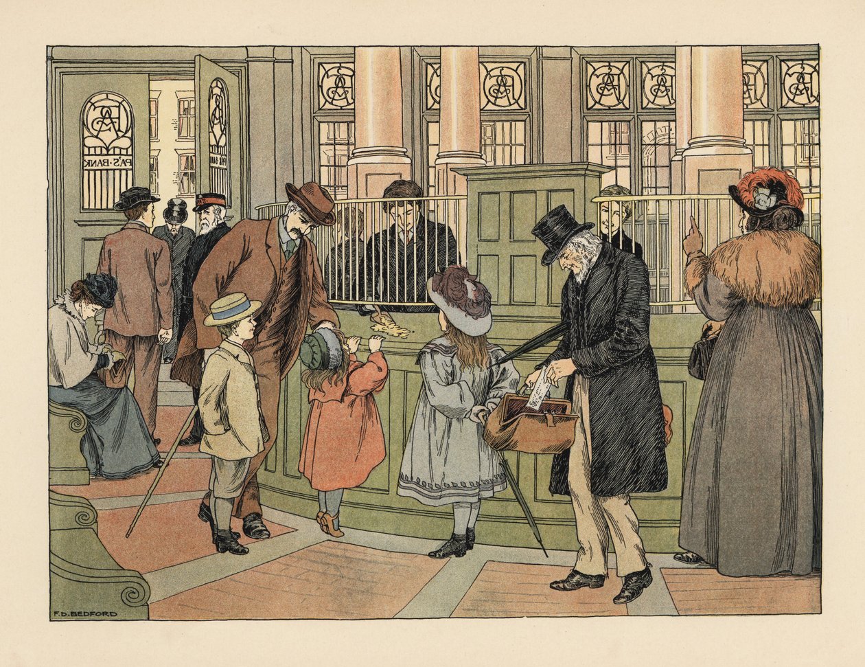 Viktoriánus család egy bankban, amint pénzt vesz fel a pénztárostól banki cédulákkal. Kromolitográfia Francis Donkin Bedford illusztrációja után Edward Verrall Lucas The Book of Shops című művéből. alkotó: Francis Donkin Bedford