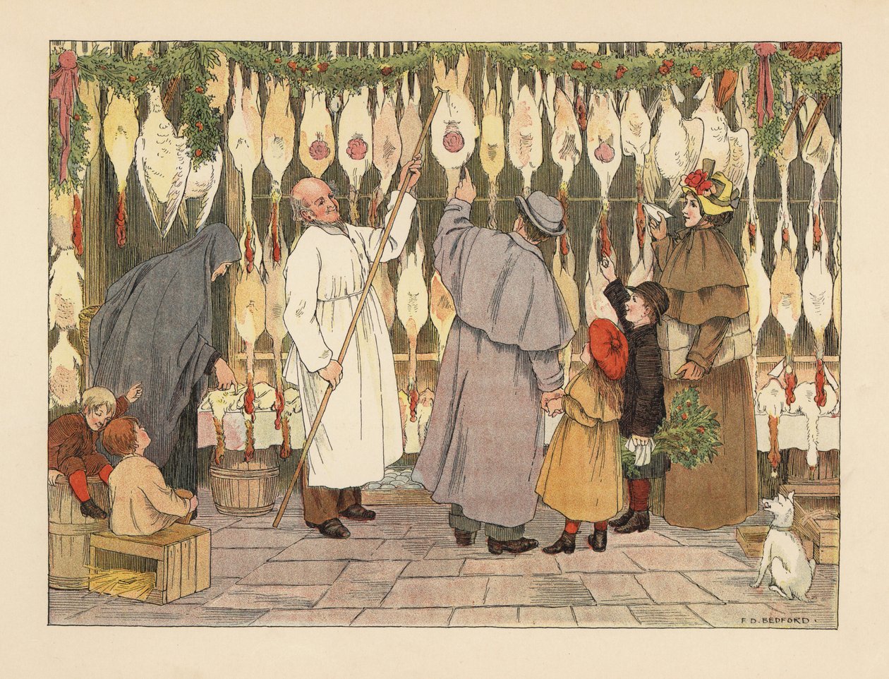 Viktoriánus család választja ki a pulykát karácsonyra a pulykaárusnál. Mészáros köpenyben, kampóval a kezében kiveszi a madarat. Kromolitográfia Francis Donkin Bedford illusztrációja után Edward Verrall Lucas The Book of Shops című művéből. alkotó: Francis Donkin Bedford