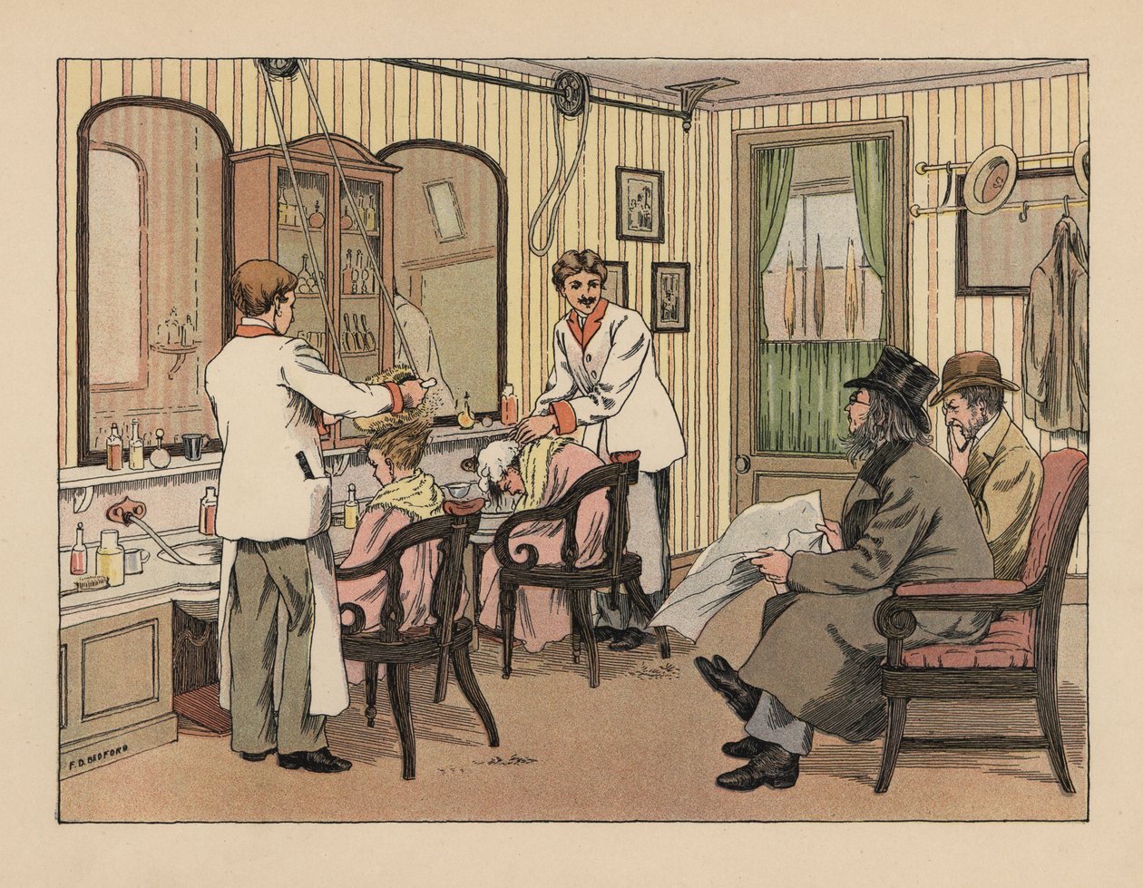 Viktoriánus urak hajmosás és hajmosó géppel történő hajkezelés egy borbélyüzletben. Kromolitográfia Francis Donkin Bedford illusztrációja után Edward Verrall Lucas The Book of Shops című művéből. alkotó: Francis Donkin Bedford