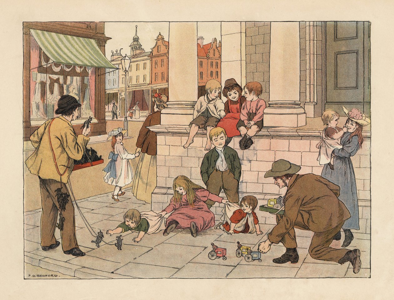 Viktoriánus korabeli járdaszegély-kereskedők filléres játékokat árulnak a gyerekeknek egy londoni utcában. Kromolitográfia Francis Donkin Bedford illusztrációja után Edward Verrall Lucas The Book of Shops című művéből. alkotó: Francis Donkin Bedford