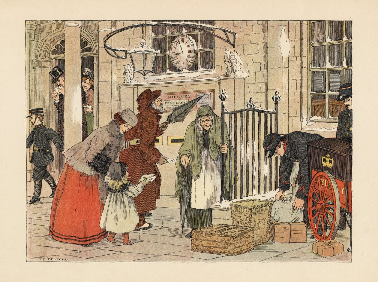 Viktoriánus emberek leveleket adnak fel karácsony közelében a postahivatalban. Kromolitográfia Francis Donkin Bedford illusztrációja után Edward Verrall Lucas The Book of Shops című művéből. alkotó: Francis Donkin Bedford