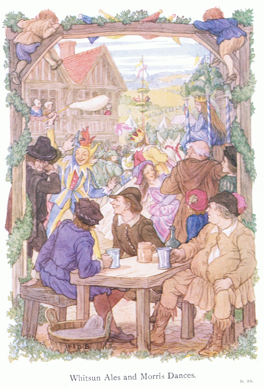 Pünkösdi sörök és Morris táncosok (színes litográfia) alkotó: Francis Donkin Bedford