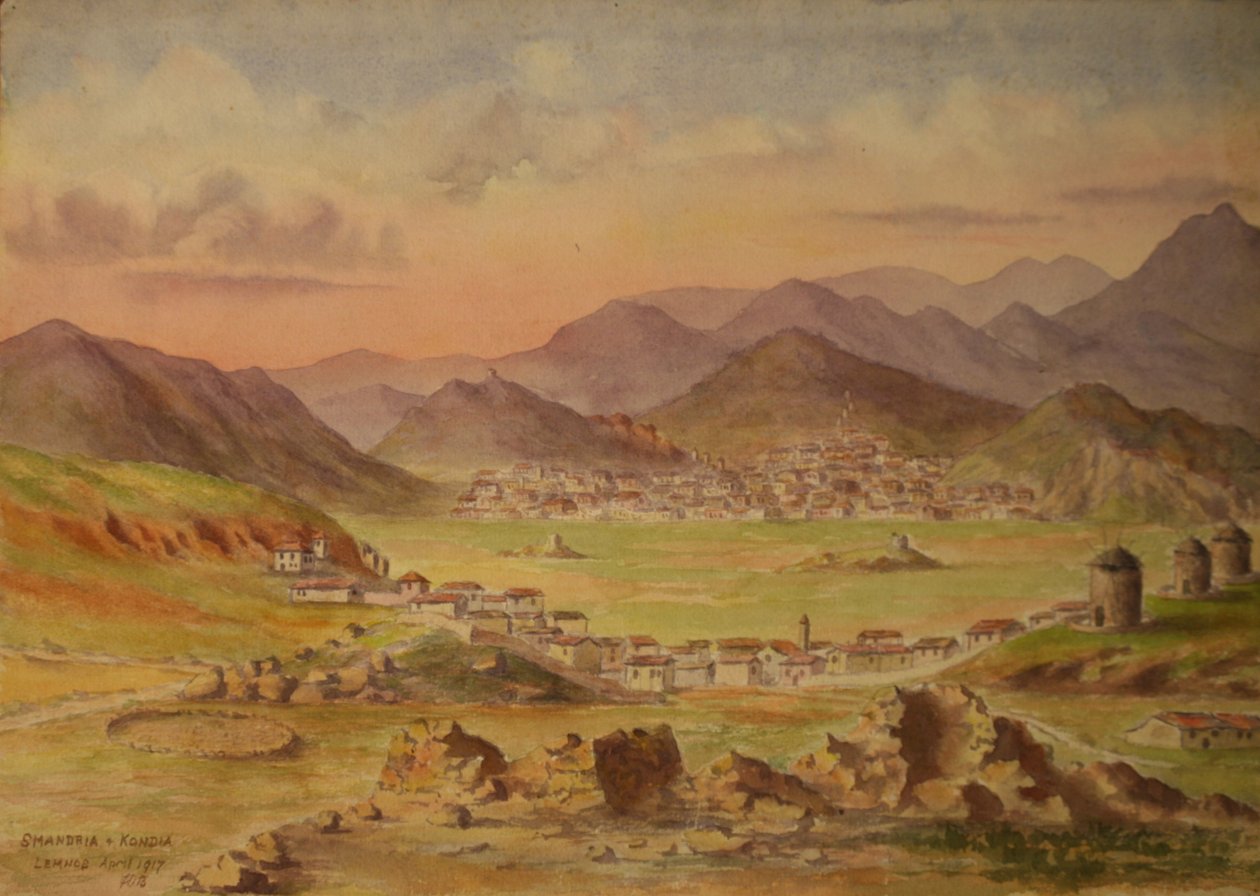 Smandria és Kondia látképe Lemnos szigetén, Görögország, 1917. április (akvarell, papír) alkotó: Francis Doveton Bridges