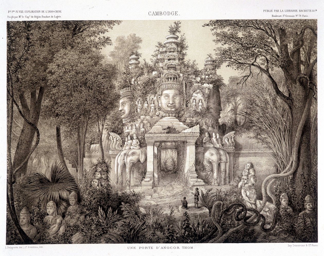 Egy kapu Angkor Thomból, kb. 1870 - Francis Garnier Paris ""Kutatási utazása Indokínában 1866-1868" című könyvében alkotó: Francis Garnier