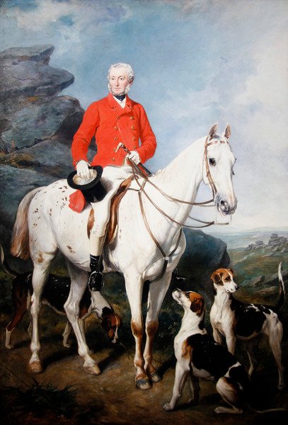 Charles Trelawny (Esq.), a dartmoori vadászat mesterének portréja kedvenc vadászáról, Grimaldiról a Conqueror, Lounger és Windermere vadászkutyákkal alkotó: Francis Grant