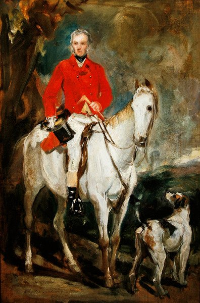 Tanulmány a "Charles Trelawny, Esq., a dartmoor-i vadászat mestere, kedvenc vadászán, Grimaldin, a Conqueror, Lounger és Windermere vadászkutyákkal" című képhez, 1863 körül (olaj, vászon). alkotó: Francis Grant