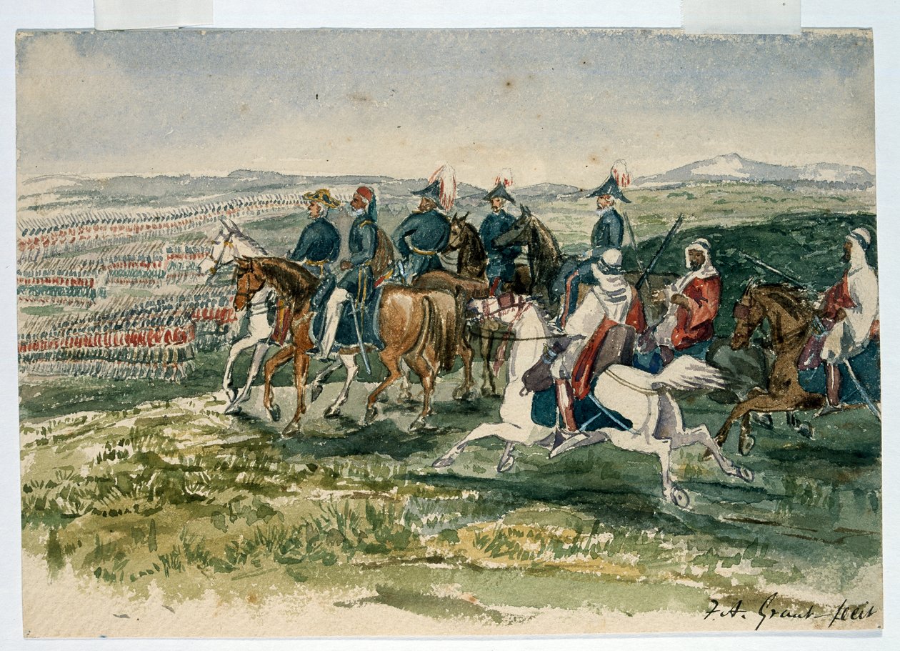A gárdisták és a hegyvidékiek, akiket Omar pasa és St Arnaud marsall fogadott Cambridge hercege parancsnoksága alatt Aladynban, 1854. július 6. alkotó: Francis Grant