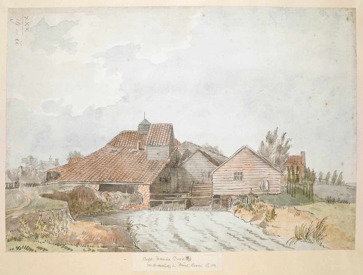 Egy olajmalom színes képe, Twickenham Common közelében alkotó: Francis Grose