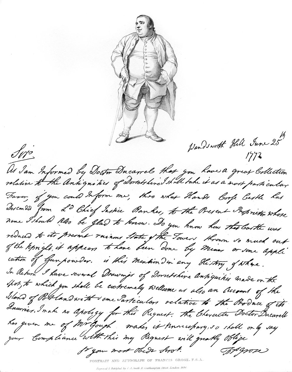 Francis Grose levele és portréja, 1772, 1840. alkotó: Francis Grose