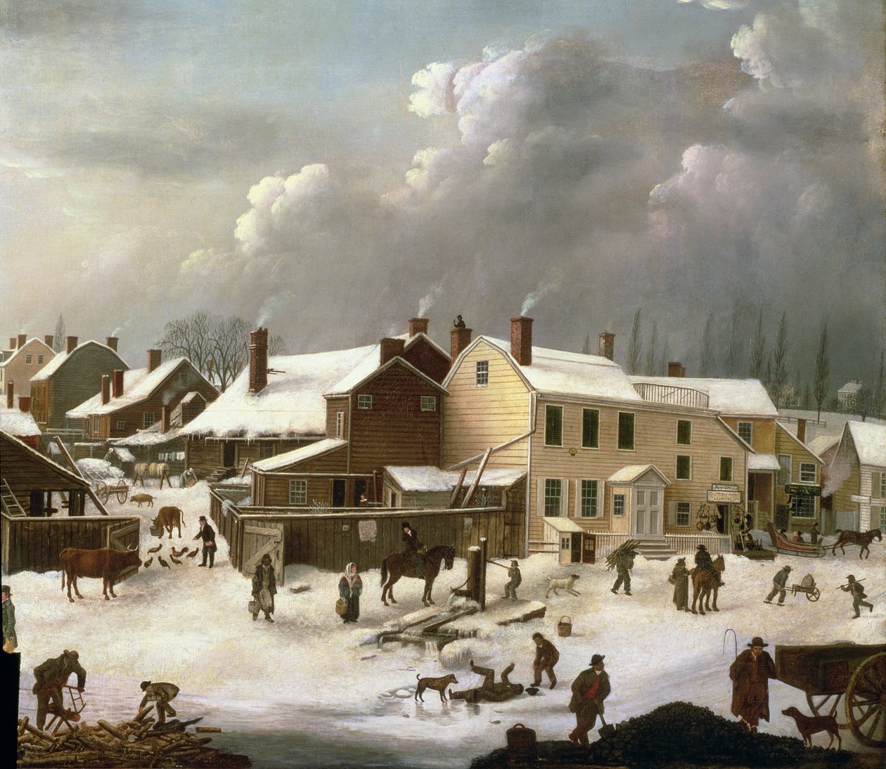 Téli jelenet Brooklynban, egy utca és a posta részlete, 1817-20 (84498 részlet) alkotó: Francis Guy