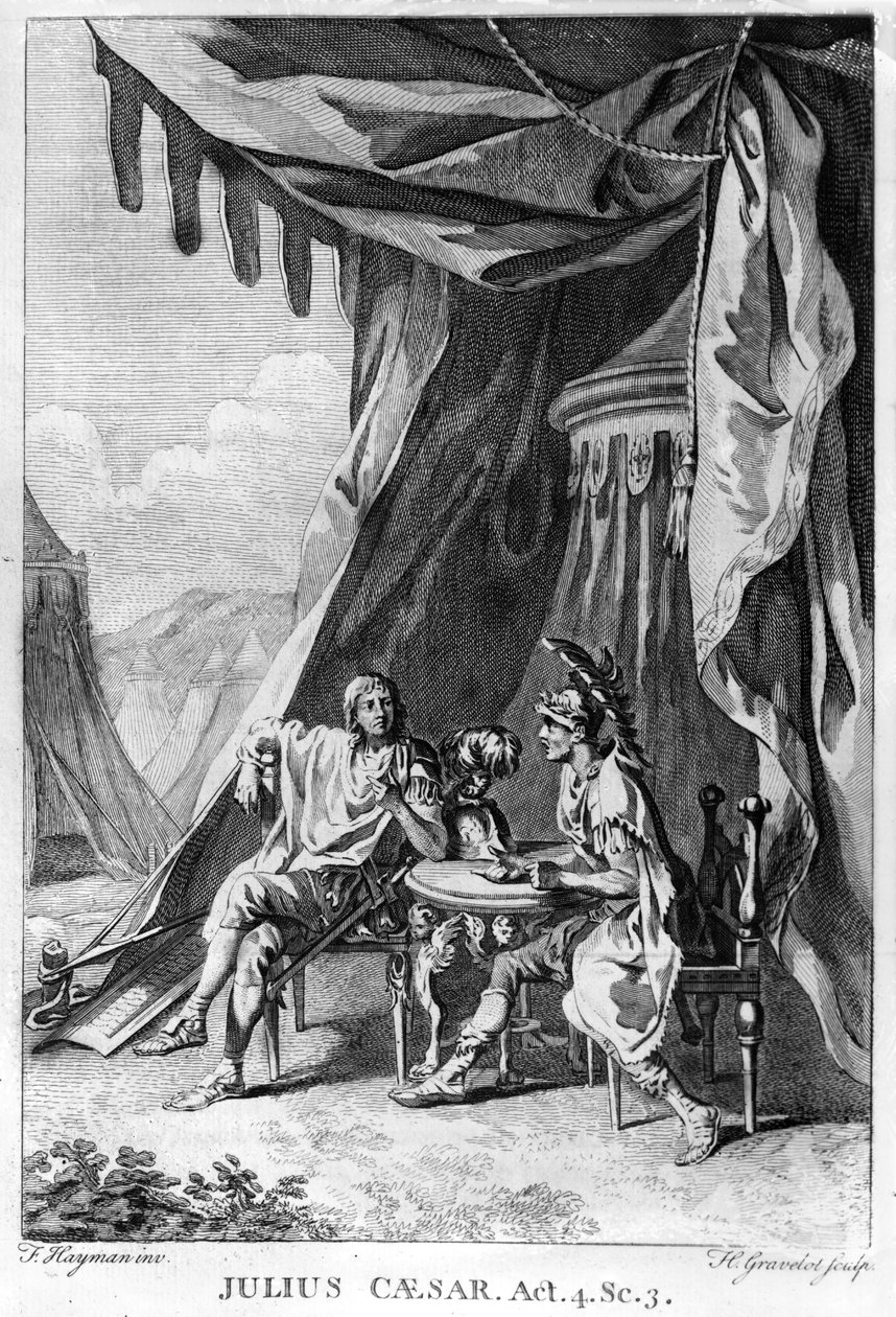 Brutus és Cassius Brutus sátrában, IV. felvonás iii. jelenet William Shakespeare (1564-1616) „Julius Caesar” című művéből, Hubert Gravelot (1699-1773) metszetében (metszet) (bw fotó) alkotó: Francis Hayman