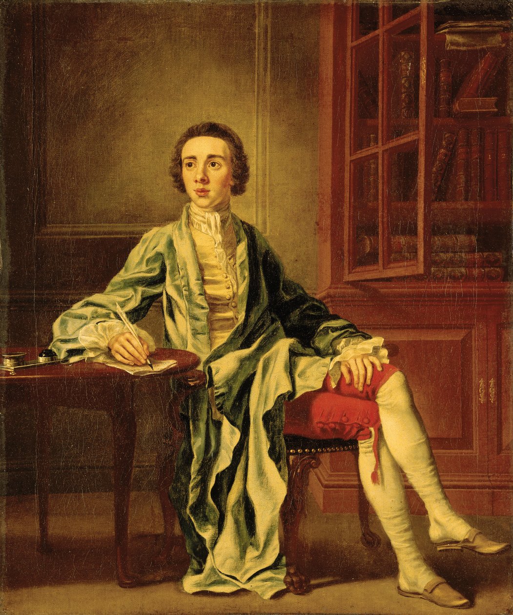 Joseph Henry (Straffan, Co. Kildare) portréja, egész alakos, egy asztalnál ülve, levelet írva, kék kabátban, sárga mellényben és piros bricsesznadrágban, a könyvespolc mellett alkotó: Francis Hayman