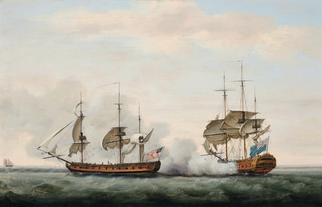 A Kelet-indiai Társaság Bridgewater hajója sikeresen megvédte rakományát Hampden amerikai közlegény támadása ellen, útban St. Helenából Angliába 1779. március 8-án. alkotó: Francis Holman